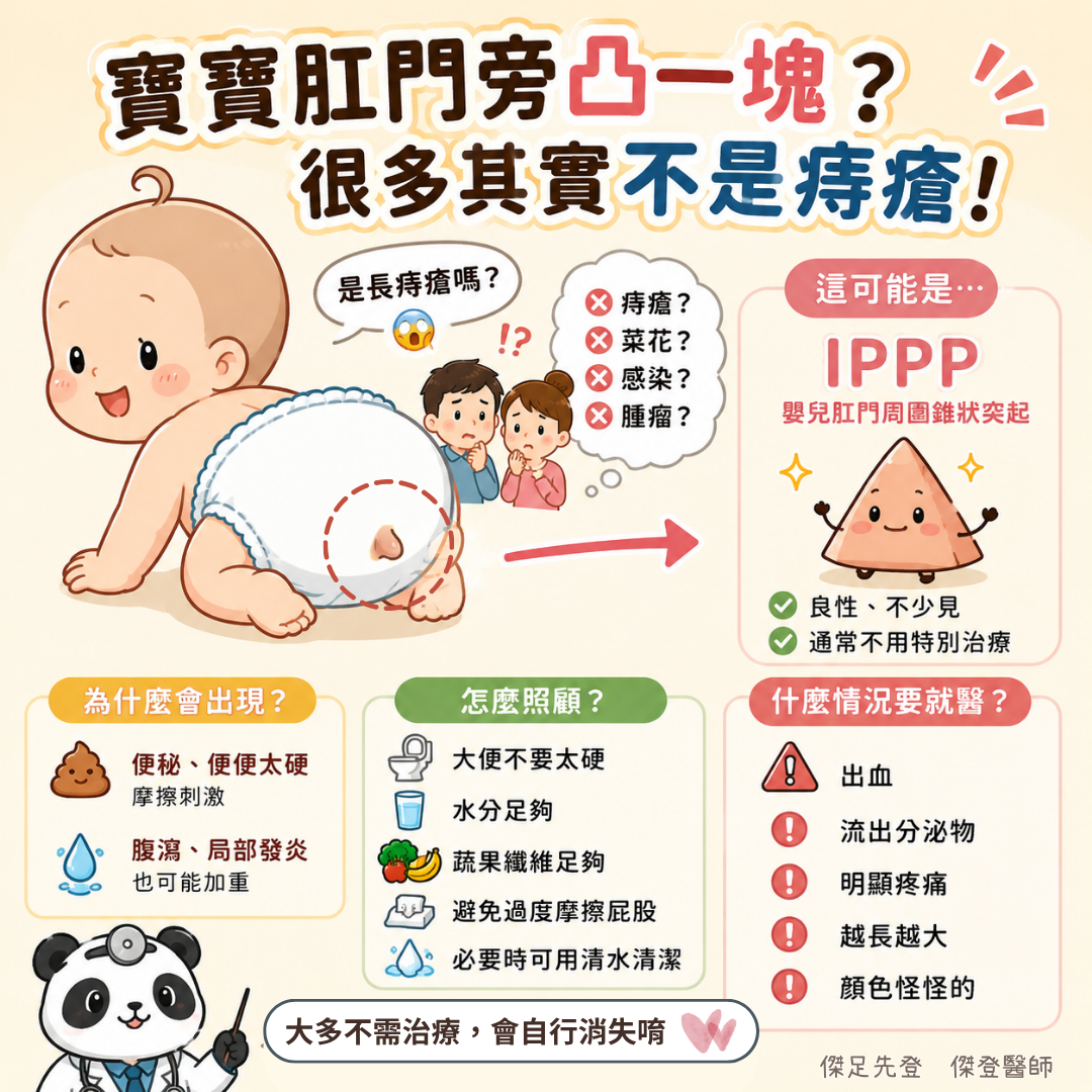 卡通寶寶與家長討論肛門周圍疑似痔瘡,圖示IPPP與注意事項